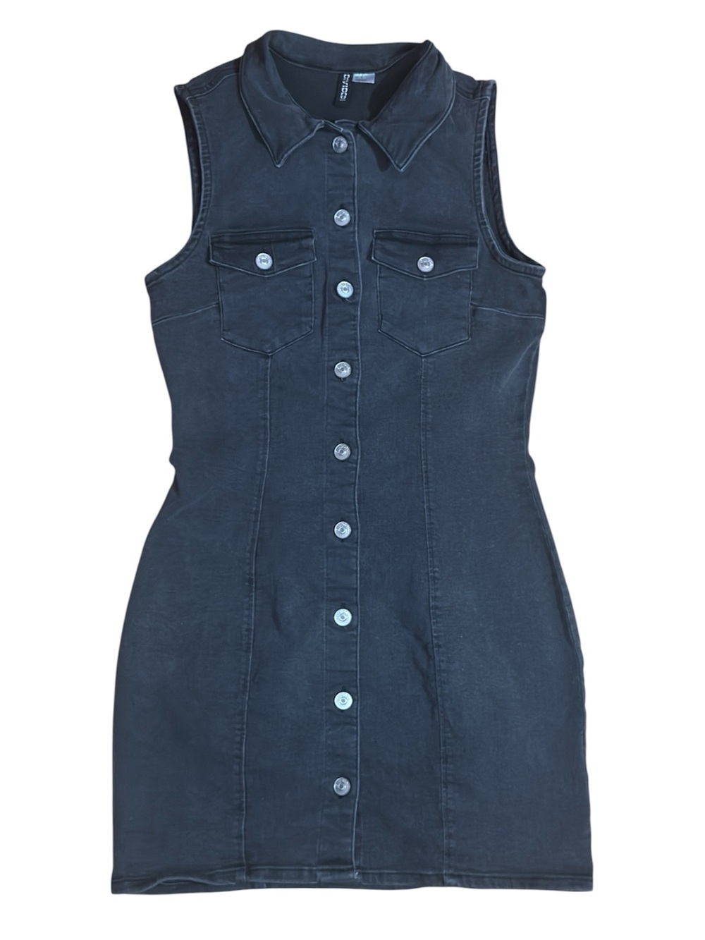 H&M Black Washed Sleeveless Button-Front Denim Dress - Black